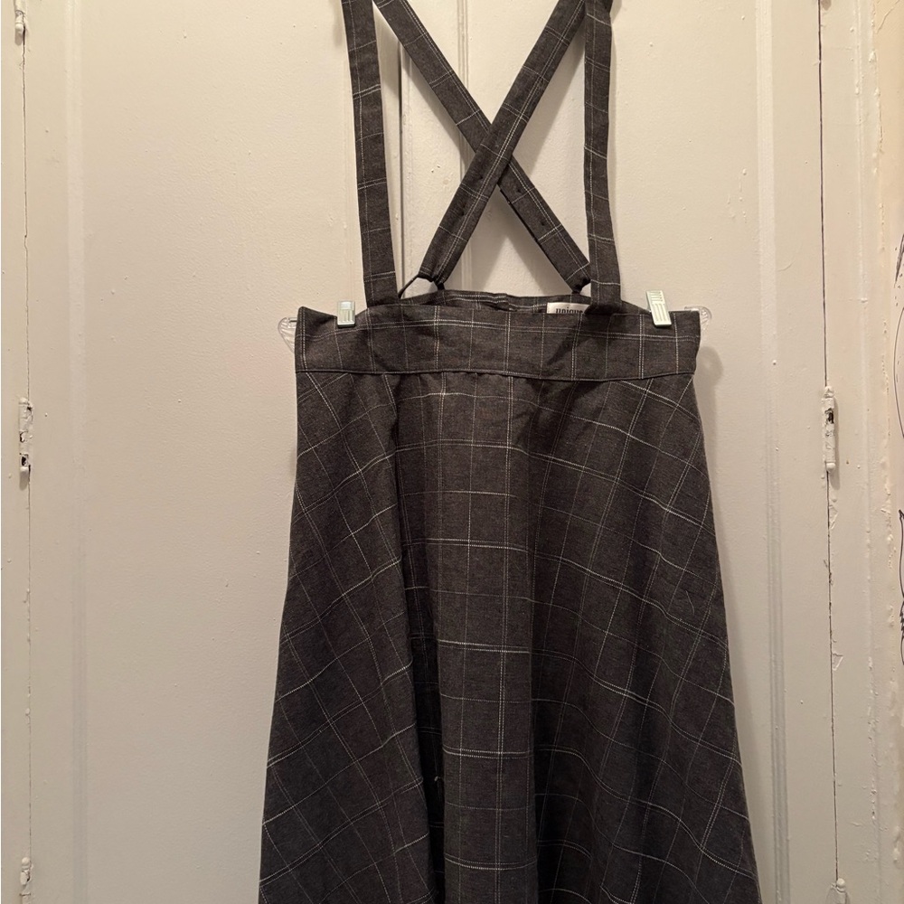 Unique Vintage grey plaid skirt with suspenders in Large